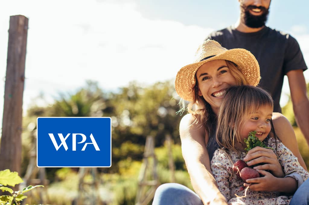 Family in a vegetable garden, with the WPA logo overlaid