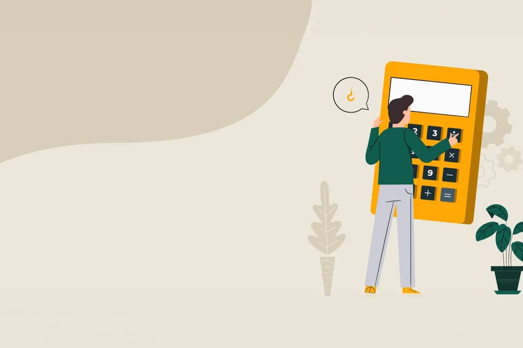 Illustration of a person pressing buttons on an oversized calculator with a question mark