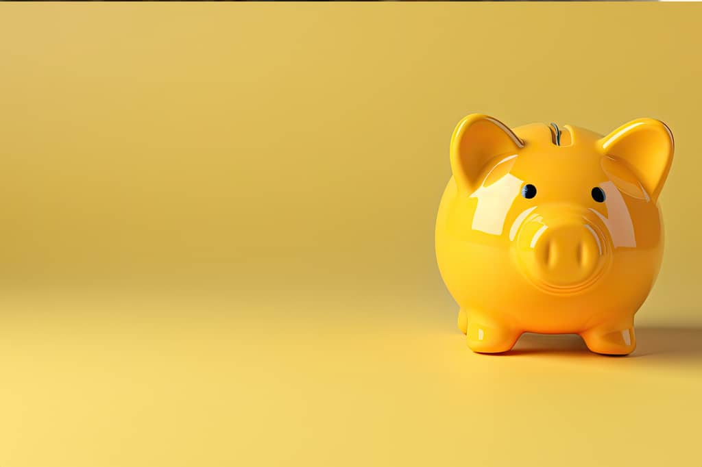 Glossy yellow piggy bank on a yellow background, suggesting saving on health insurance