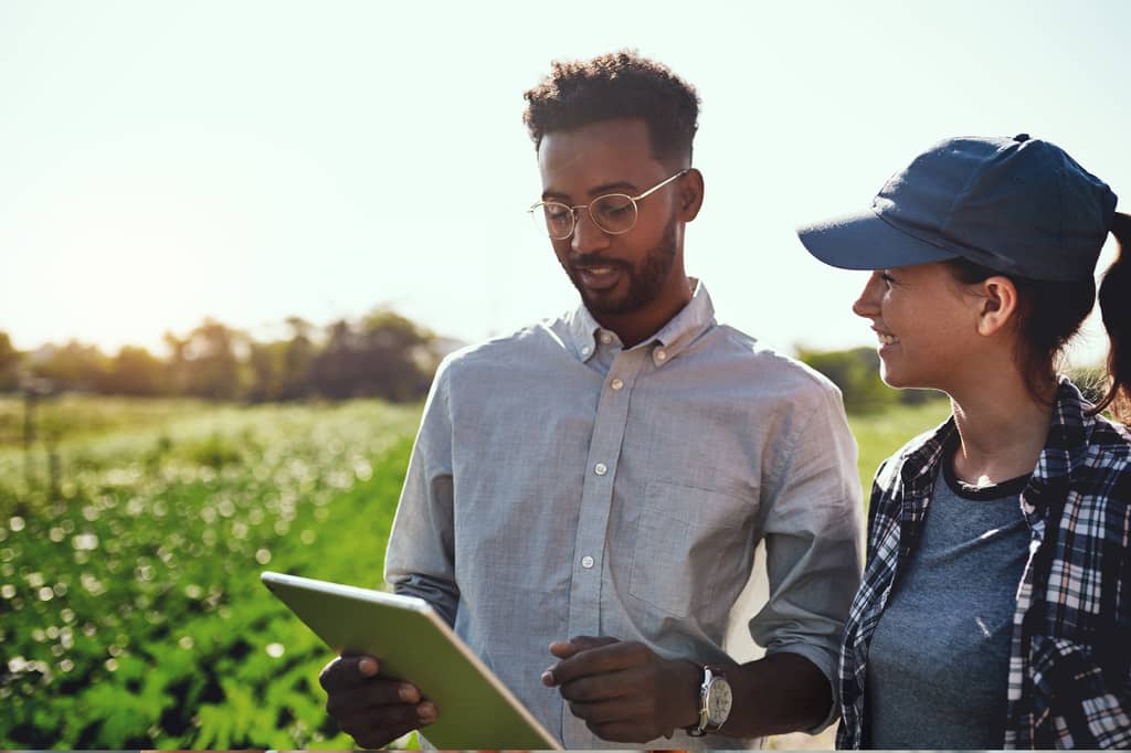 Man and woman looking at a tablet together in a green farm field at sunset