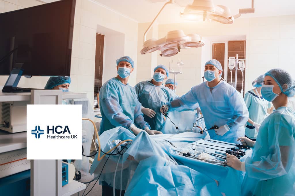 Surgical team in an operating theatre, with the HCA Healthcare UK logo overlaid