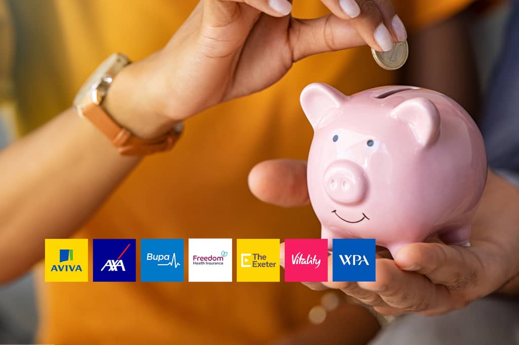 Hand drops a coin into a pink piggy bank, with Aviva, AXA, Bupa, Freedom, The Exeter, Vitality and WPA logos