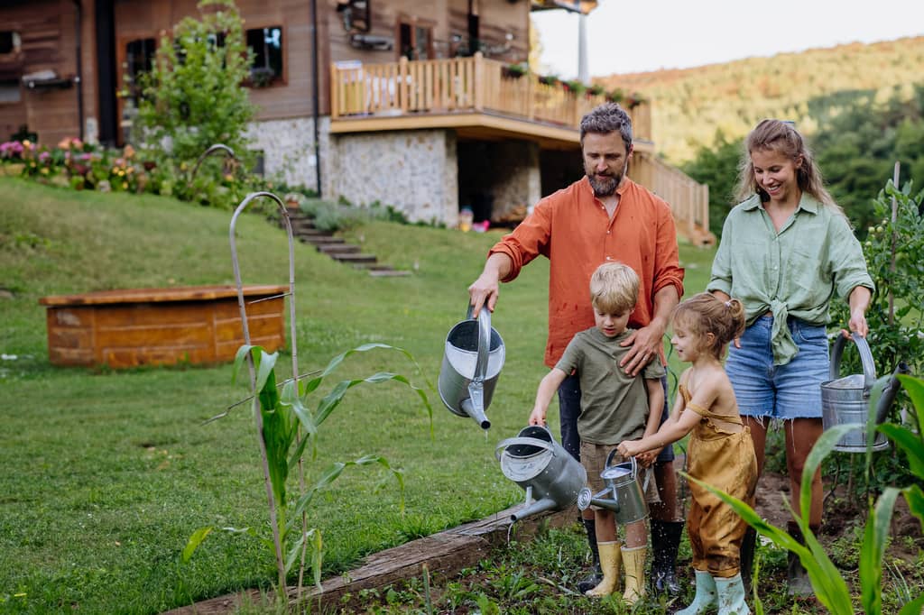 Parents and two young children watering vegetables in a garden by their home