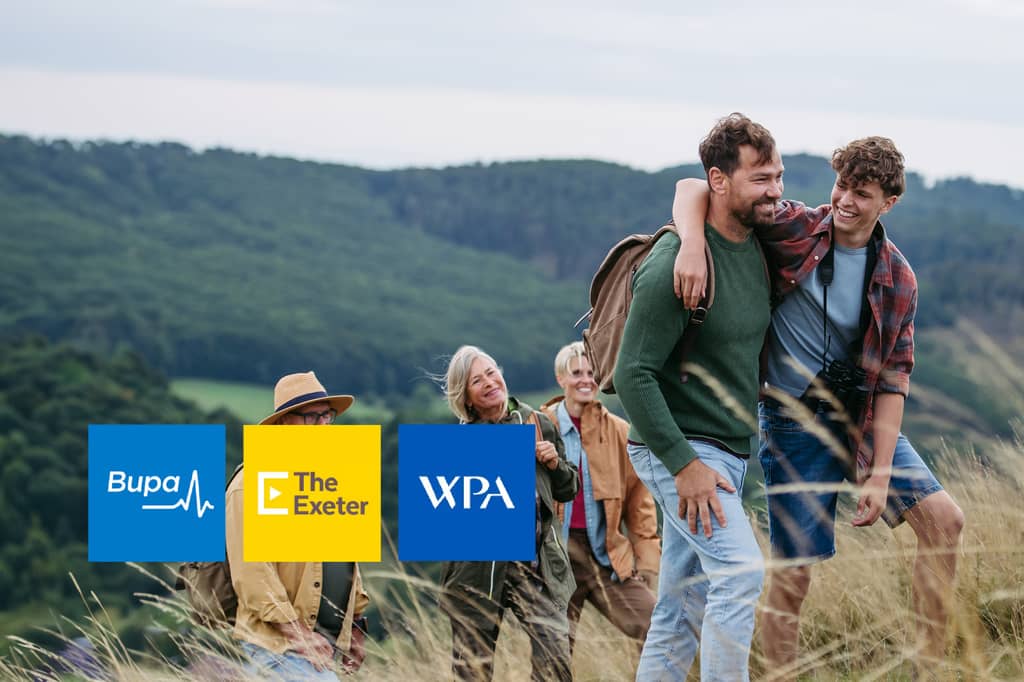 Family hiking in the hills, with Bupa, The Exeter and WPA logos overlaid