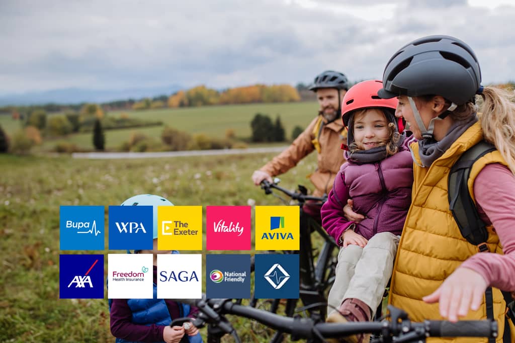 Family with bikes and helmets in a field, with logos of nine UK health insurers overlaid